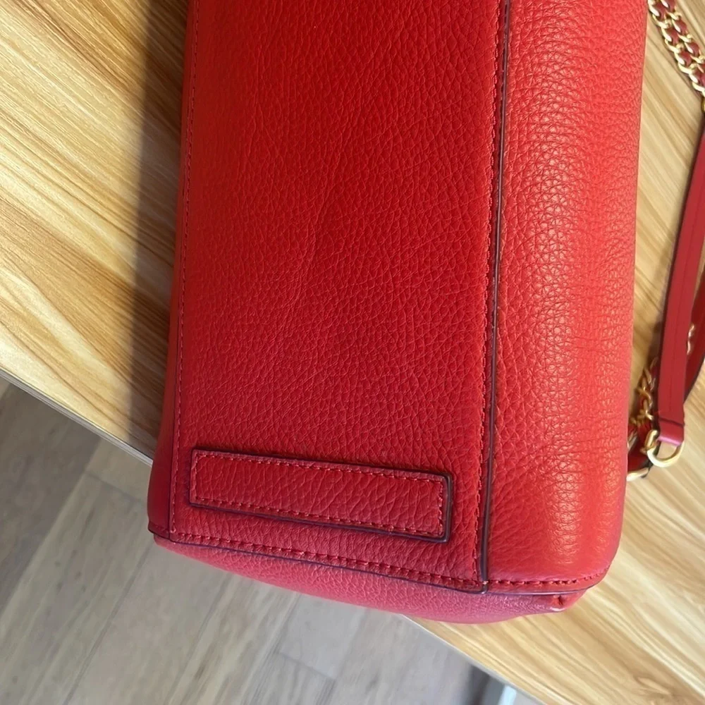 Tory Burch Red Leather Tote Gold Chain Strap Shoulder Bag Large Logo